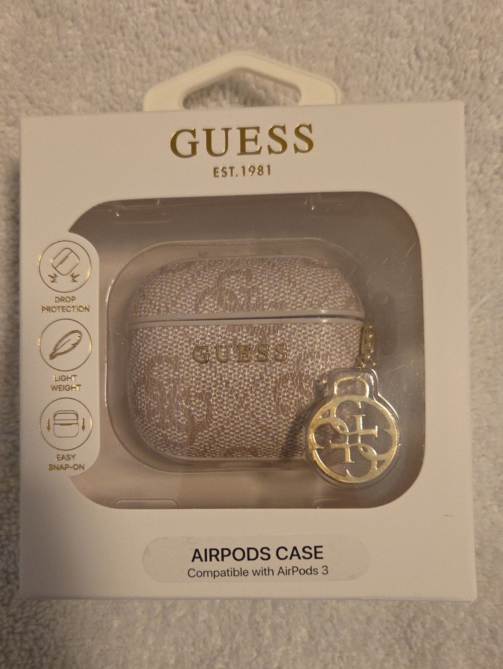 GUESS Beige Glitter AirPods 3 Case with Gold Logo Charm